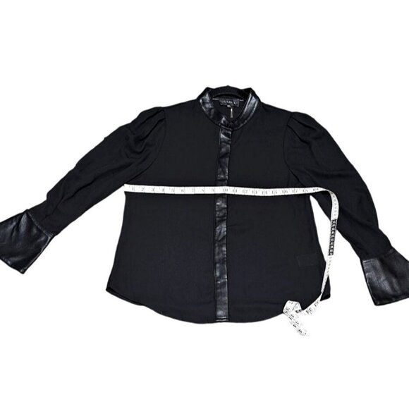 Gracia Black Button-Up Top With Faux Leather Details & Flared Sleeves - Size S - Picture 12 of 12